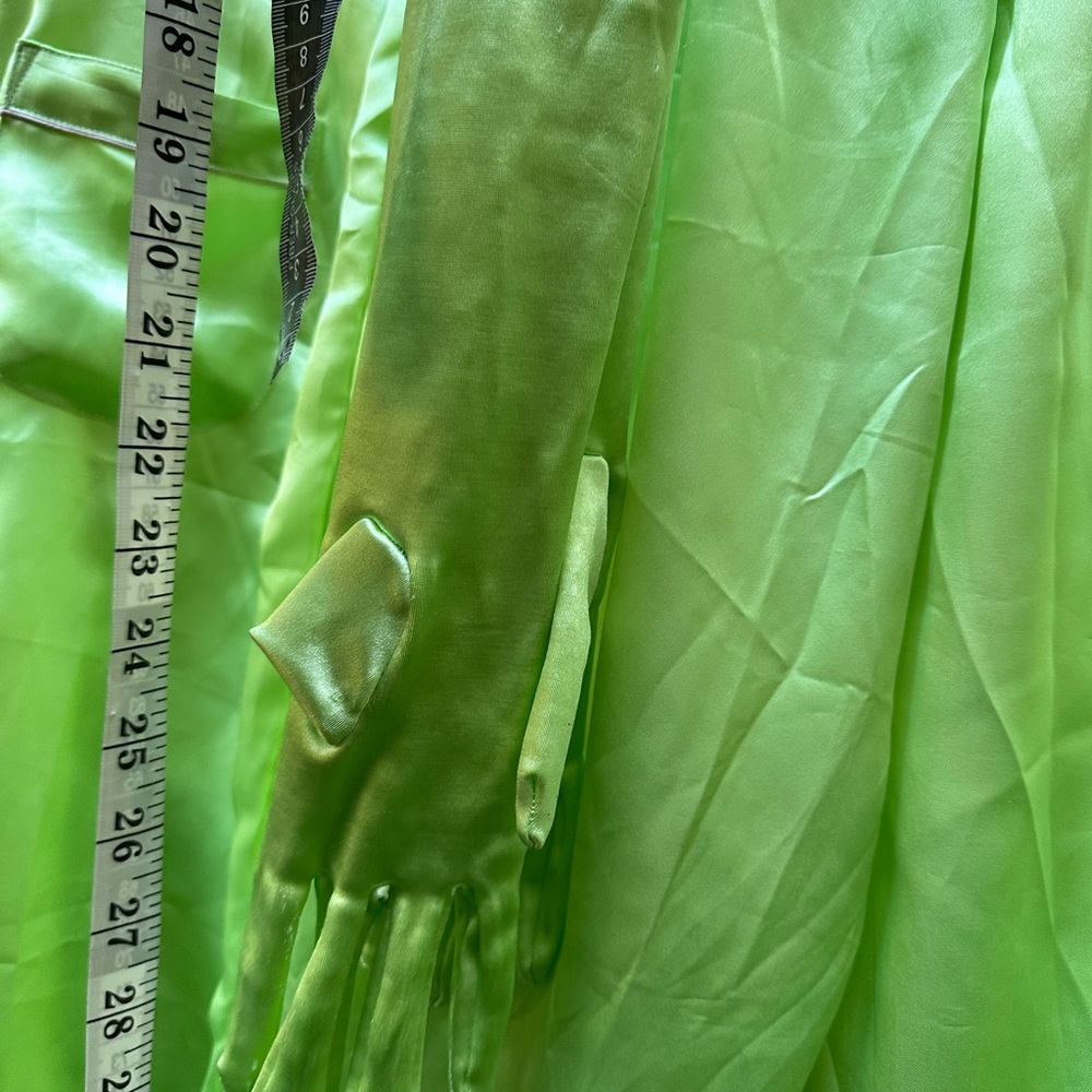 LIME GREEN SHINY Shimmer Pajama Set With Gloves Size Small Like New Pink Trim - Picture 9 of 11